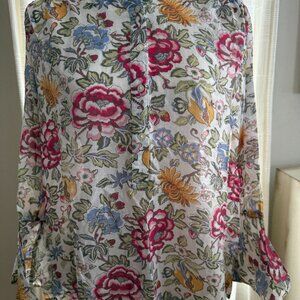 Loft Flowy Softened Floral Cotton Blouse 3/4  Length Bell Sleeves - Size Large